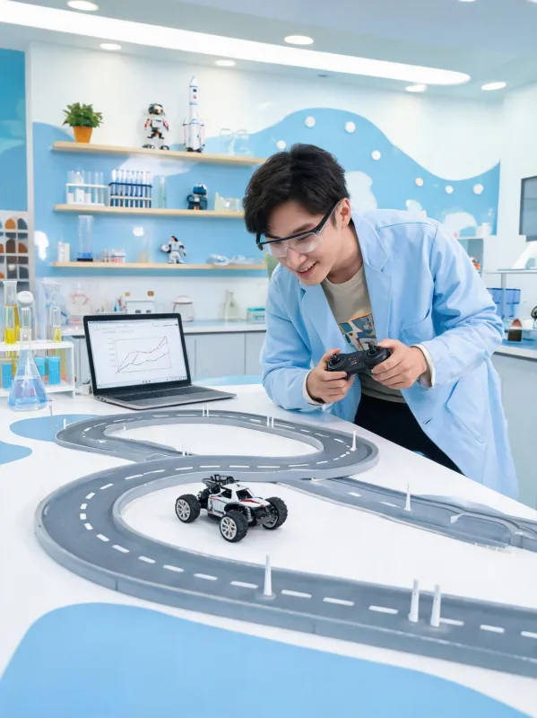 STEM educator testing a small RC track