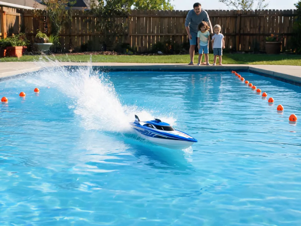 Electric RC boat racing on a calm pool lane