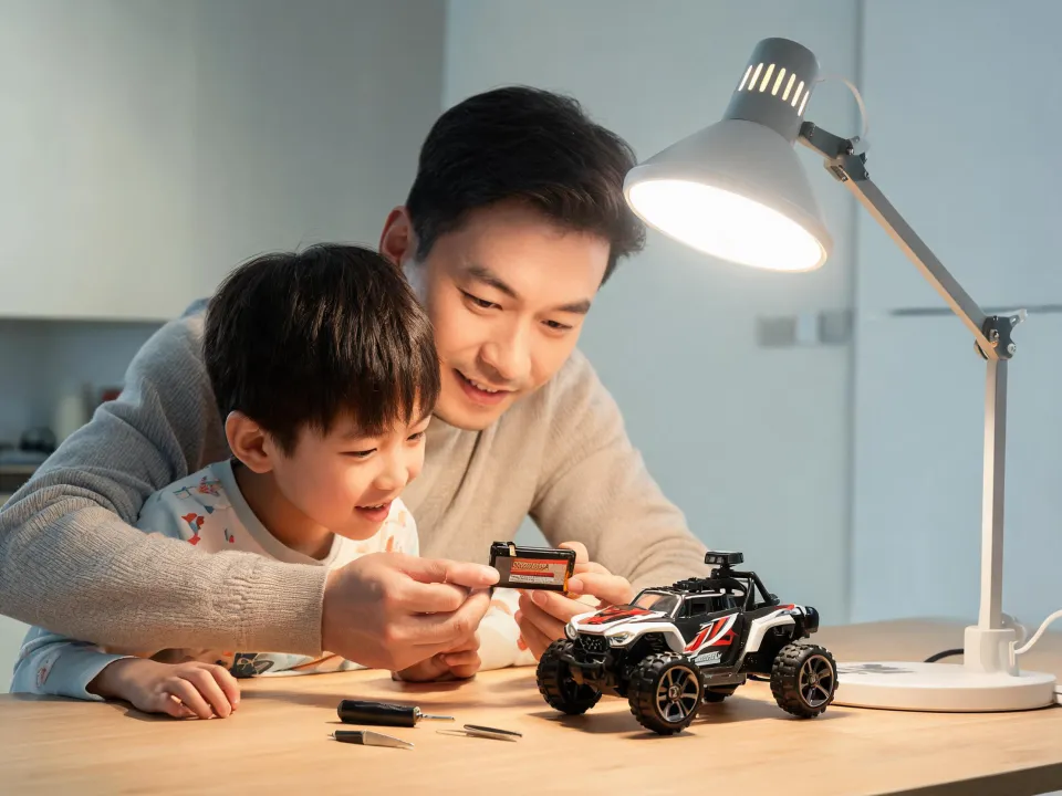 Parent and child checking an RC battery kit