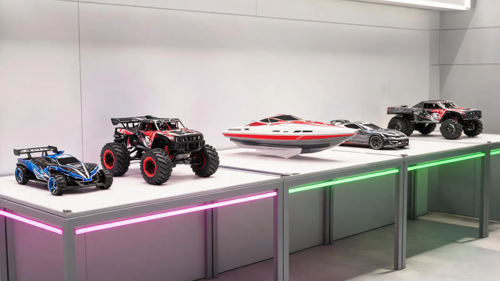 Traxxas electric RC toys lined up on a glowing test bench