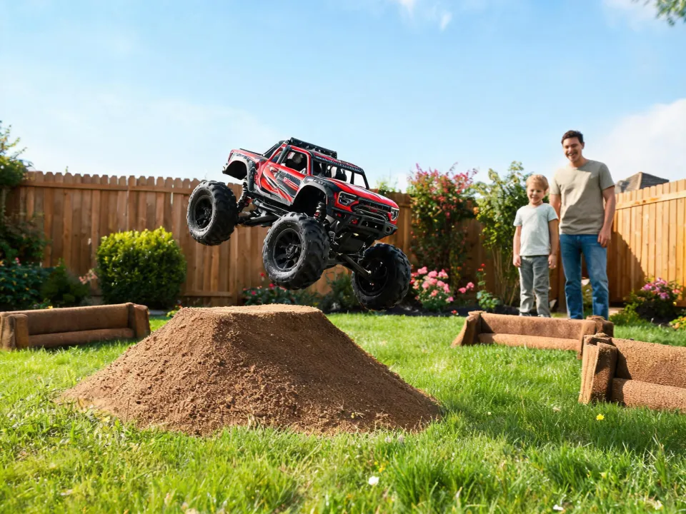 RC truck on backyard obstacle track