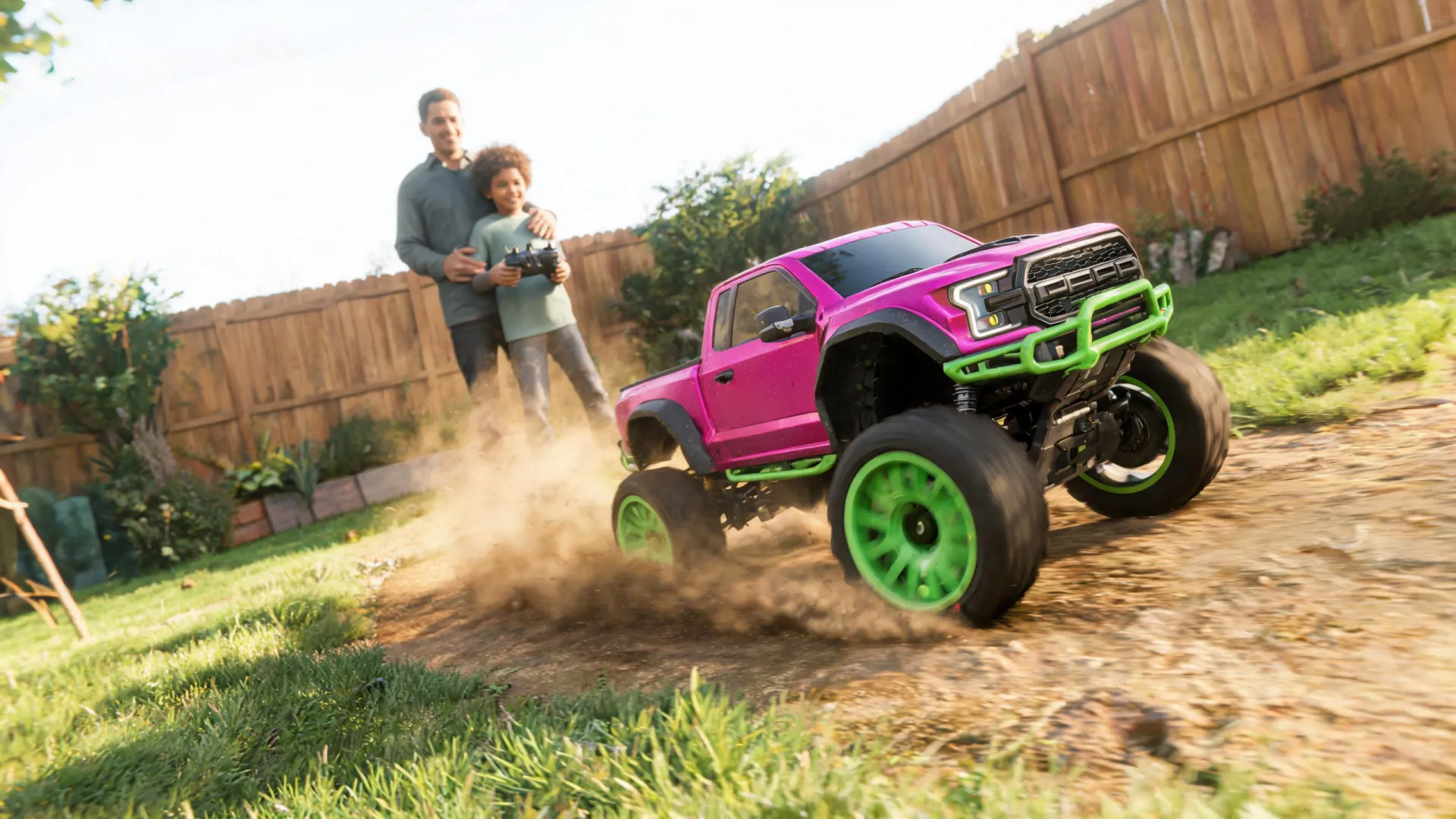 Traxxas RC truck racing through a family test track