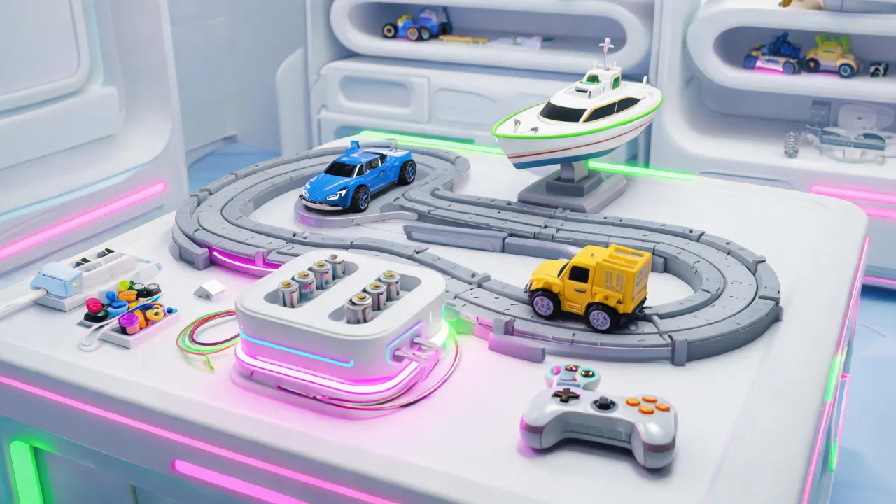 RC STEM lab with electric toy vehicles and test track